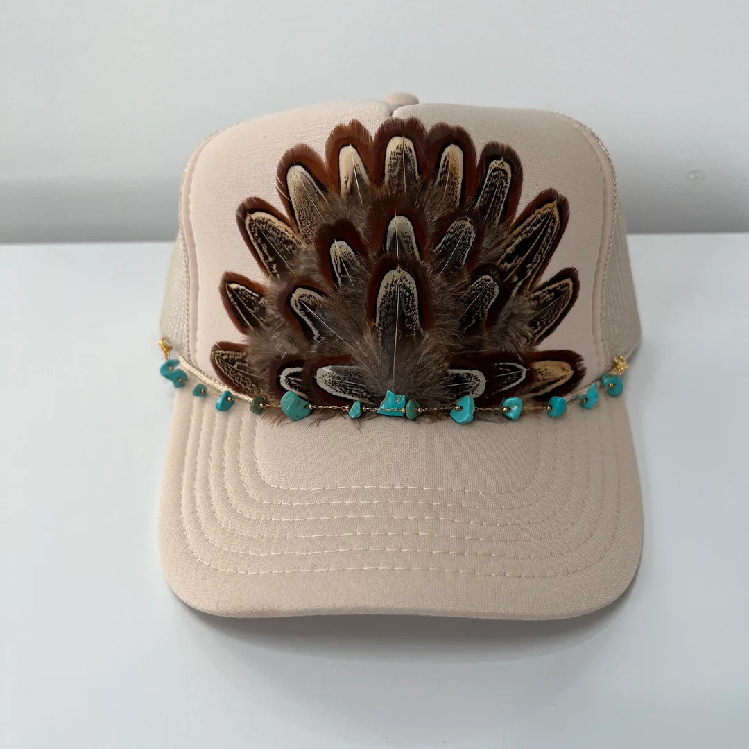 FEATHER Trucker Hat WITH Turquoise Beaded Hat Chain Cowgirl Western Trucker Hat Tan | Etsy (US)