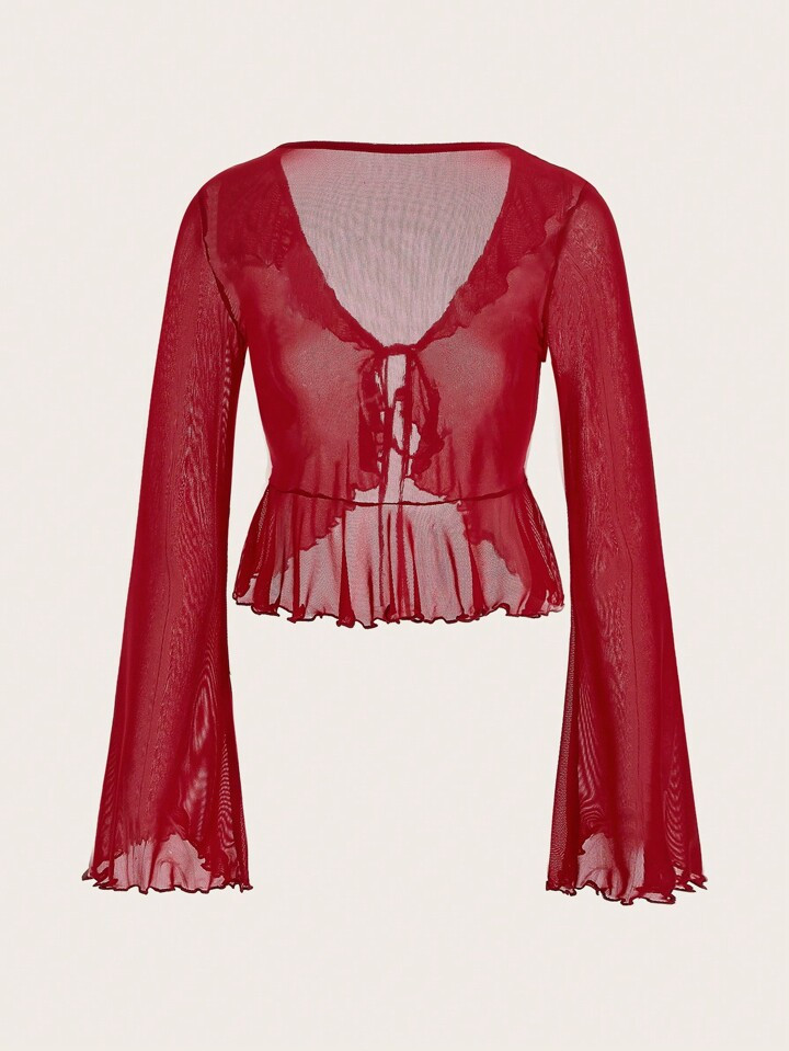 SHEIN ICON Ruffle Trim Tie Front Trumpet Sleeve Mesh Top | SHEIN