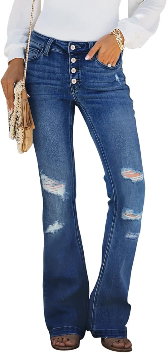Astylish Women's Ripped Destroyed Flare Mid Rise Button Bell Bottom Jeans Denim Pants | Amazon (US)