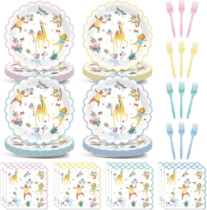 96Pcs Animal Party Supplies Pastel Animal Scalloped Tableware Dinnerware Animals Themed Party Pla... | Amazon (US)