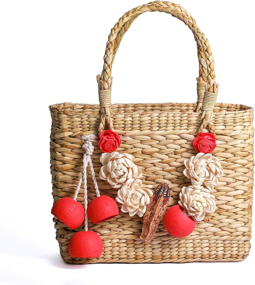Straw Bag Handmade with Water Reed Grass, Kauna Grass Bag for French Market Basket, Market Bag, Straw Basket, Grocery Market Bag, Beach Bag with Shola Flowers - 14x17 Inch (Pack of 1) | Amazon (US)