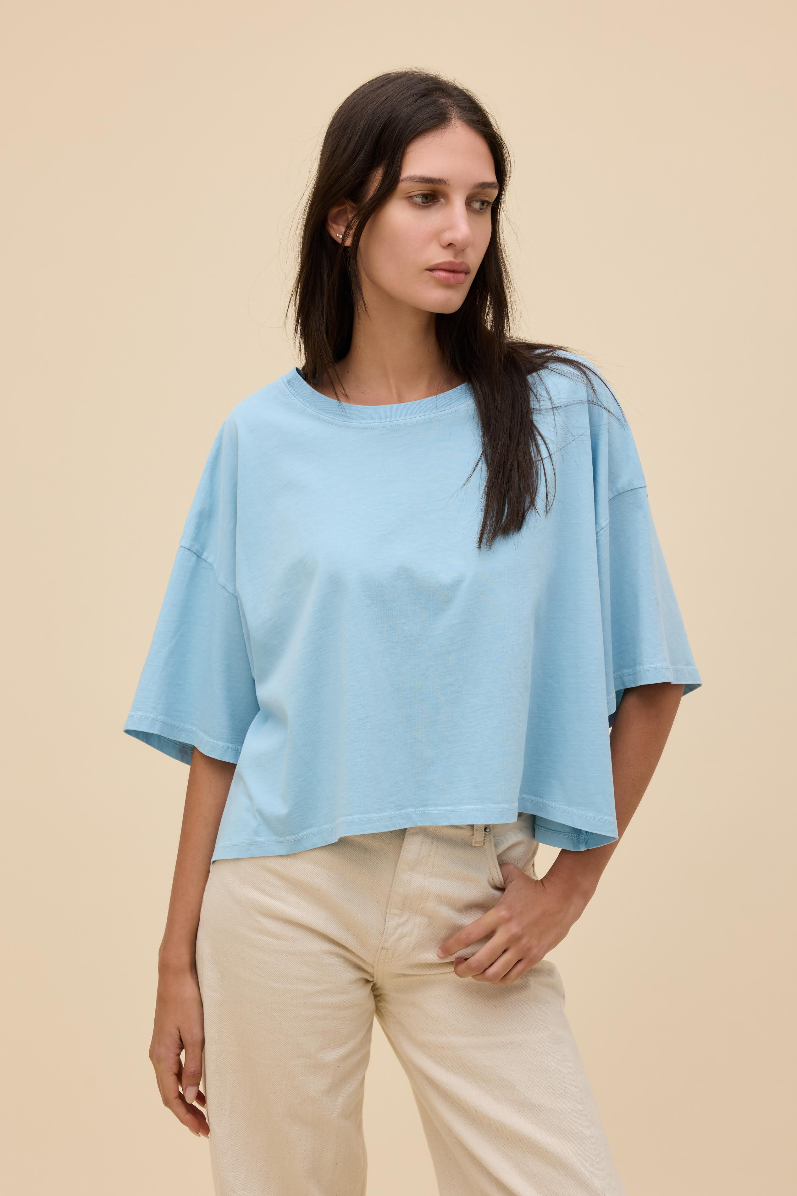 Solid Cropped OS Tee in Light Blue | 100% Cotton T-Shirt in Bluey | Daydreamer