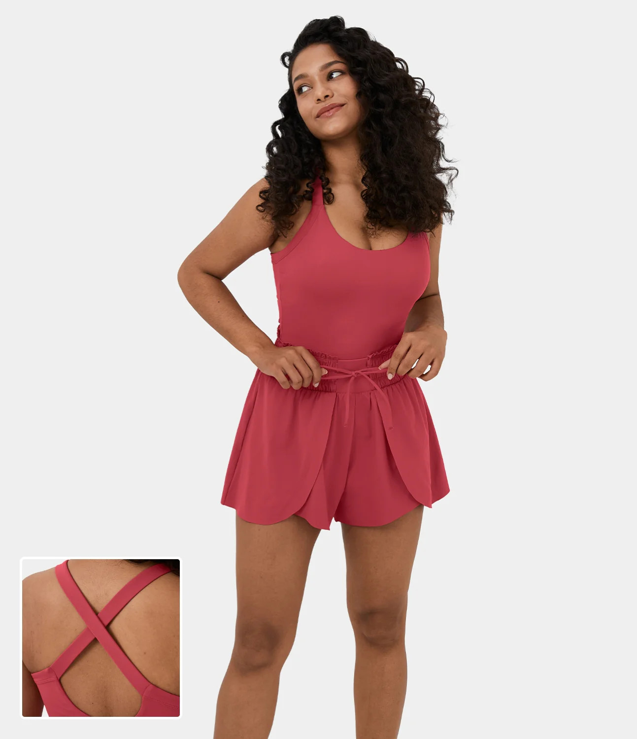 Halara U Neck Backless Crisscross Lace Up Flowy Stacked Yoga Jumpsuit Workout Dress - Winterberry -  | HALARA