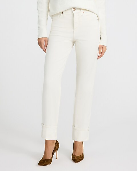 High Waisted Ivory Cuffed Straight Ankle Jeans | Express
