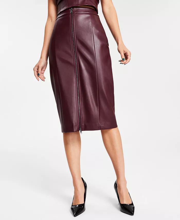 Women's Faux-Leather Zip-Front Midi Skirt, Created for Macy's | Macy's