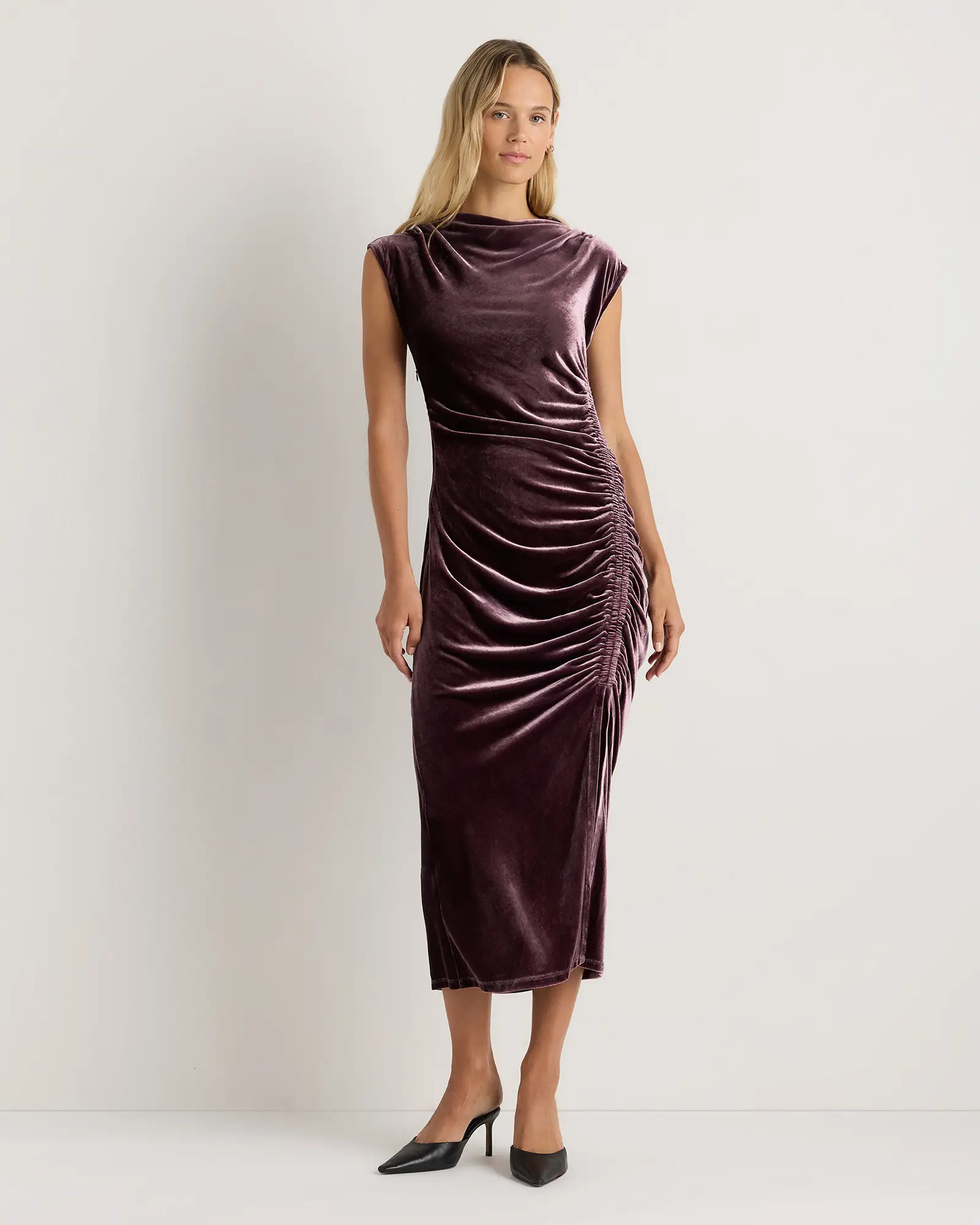 Stretch Silk Velvet Ruched Midi Dress | Quince