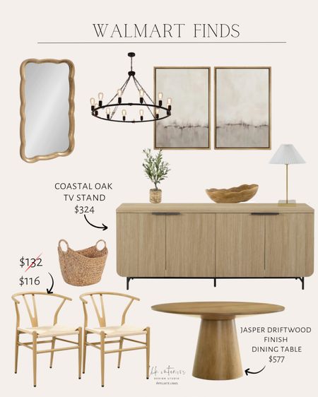 Walmart finds 
Contemporary dining table / chandelier / abstract wall art / Kate and laurel scalloped wall mirror / brass table lamp / artificial olive tree / Alden design dining chairs / tv stand / woven basket / decorative dough bowl 

#LTKhome #LTKsalealert