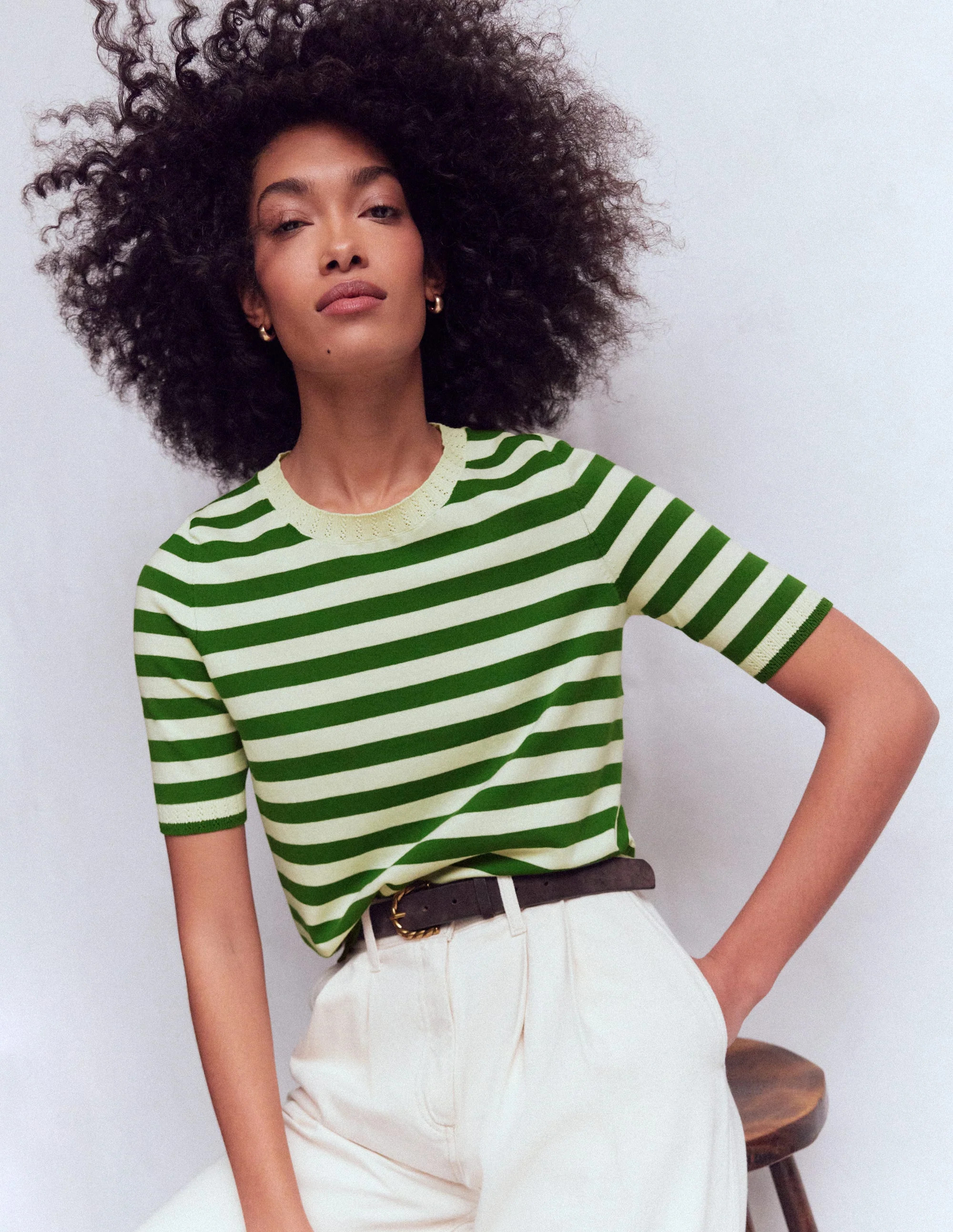 Emilia Cotton Crew T-shirt-Promenade Green/ Ivory Stripe | Boden (US)