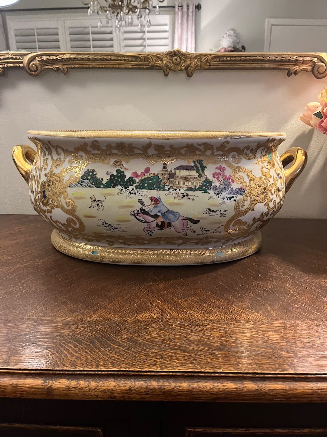 LARGE Asian Vintage Hunting Scene Porcelain Gold Gilded Footbath Planter Chinoiserie Home Decor -... | Etsy (US)