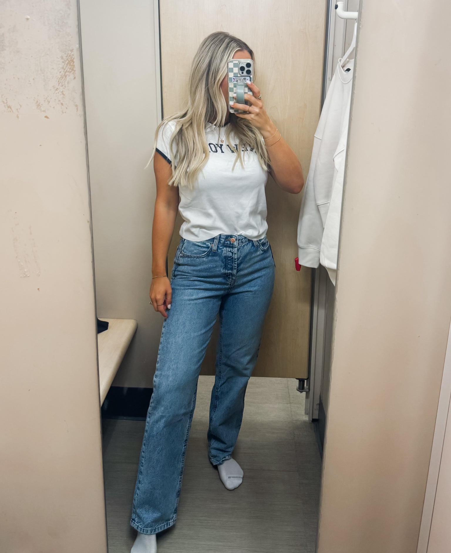 Large in the shirt and a six in the jeans!! 