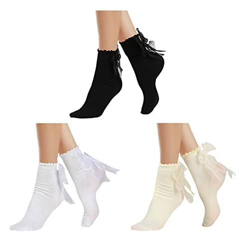 Benefeet Sox Cute Lace Bow Socks for Women Kawaii Black White Ruffle Frilly Socks for Girls Cotton Crew Lolita Socks with Bow Pretty Socks Decorative Lady Socks 3 Pack, Back Lace Bow | Amazon (US)