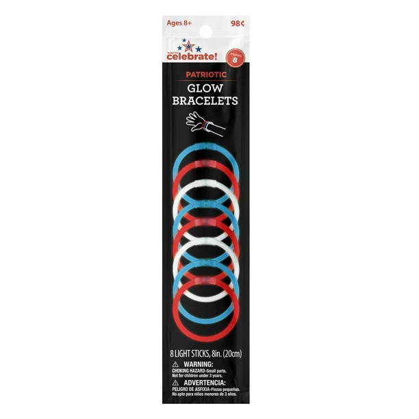 4th of July Party Favors 8in. Glow Bracelet, Red/Blue/White, 8ct - Way to Celebrate | Walmart (US)