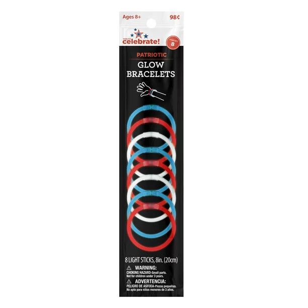 4th of July Party Favors 8in. Glow Bracelet, Red/Blue/White, 8ct - Way to Celebrate | Walmart (US)