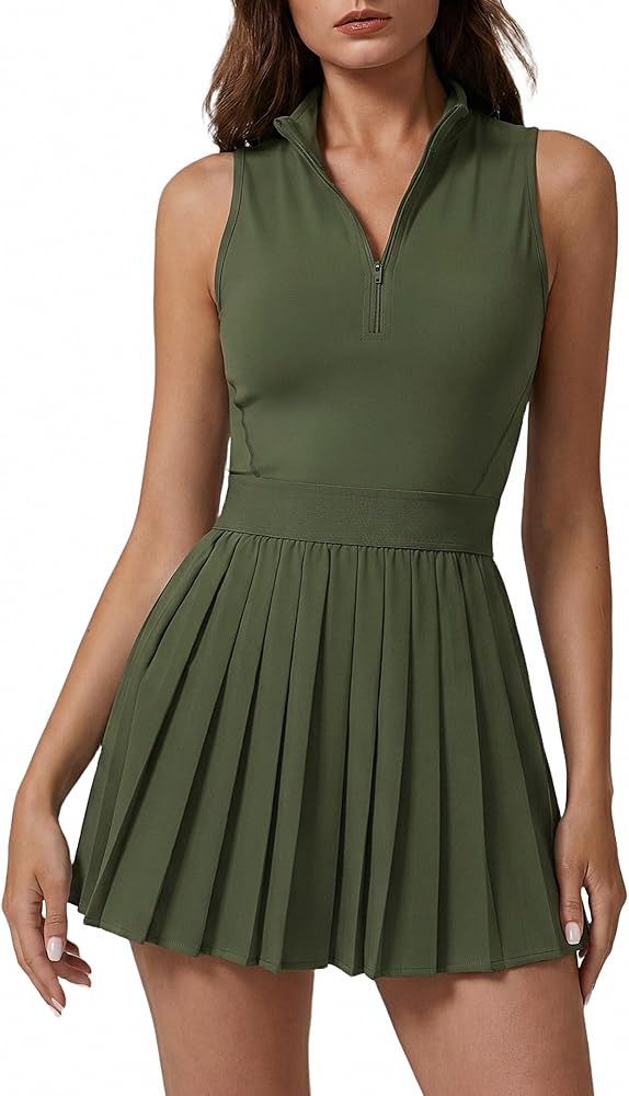 QINSEN Womens Zip Front Tennis Dress High Neck Pleated Sleeveless Two Pieces Golf Athletic Dress ... | Amazon (US)