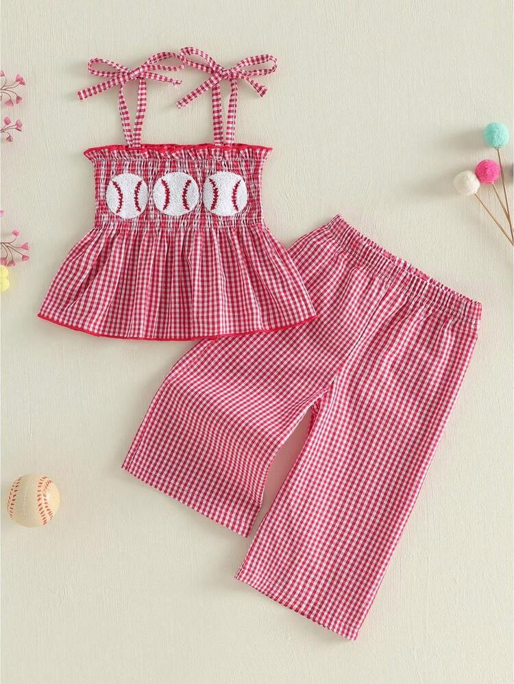 Little Girl Baseball 2 Piece Outfit Embroidered Plaid Tie Shoulder Ruffled Smocked Cami Tops And ... | SHEIN