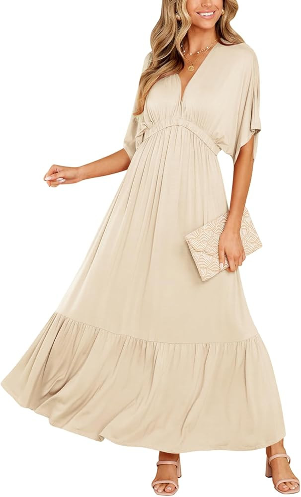 DEEP SELF Women’s Summer V Neck Batwing Short Sleeve Maxi Dress Casual Loose High Waist Flowy L... | Amazon (US)