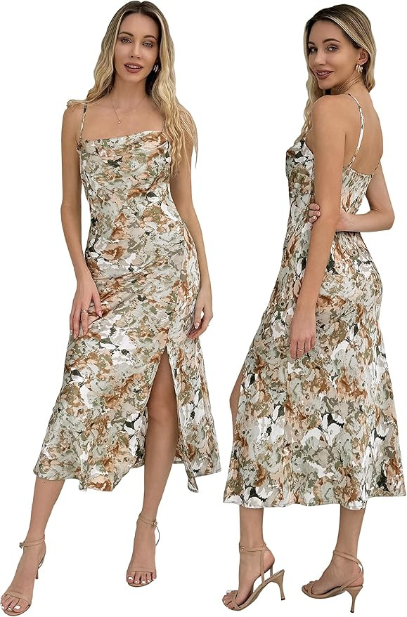 Wedding Guest Dress for Women Spaghetti Strap Satin Slip Cocktail Formal Midi Evening Party Dress... | Amazon (US)