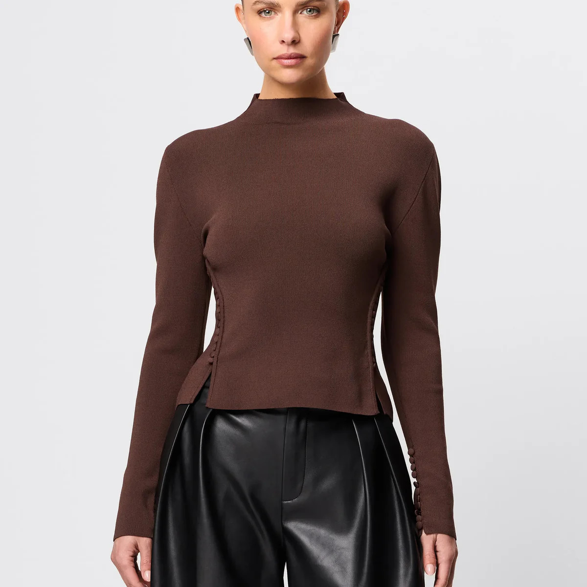 Windsor Knit Top - Mossman | Milano Crepe Knit Brown Long Sleeve Top | Mossman