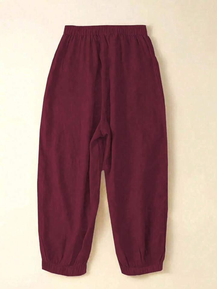 Linhara Plus Size Women Solid Color Tie-Waist Pocket Wide Leg Casual Pants | SHEIN