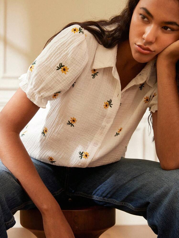 Écloséra Blusa Holgada De Manga Corta Con Bordados De Estilo Francés Vintage Elegante Y De Moda, Para Mujeres Jóvenes, Primavera/Verano | SHEIN