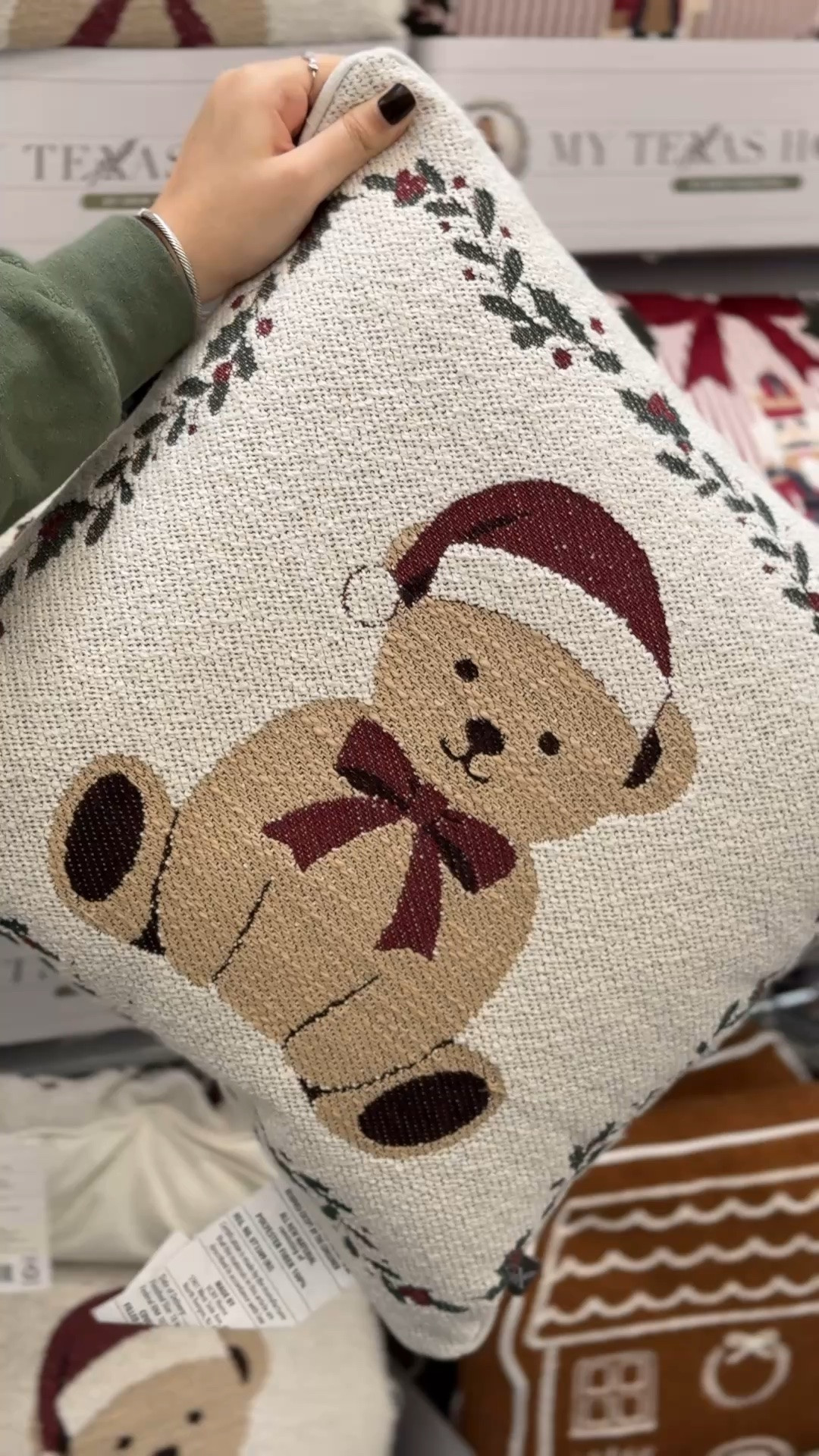 Christmas teddy bear throw pillow featuring a Santa hat, burgundy bow, and holly & berry border. 🎄A sweet traditional Christmas pillow for a kids’ room, playroom, nursery, or cozy holiday space. Perfect for Christmas decorating, holiday bedding, or adding a festive accent to a child’s room.

#LTKHome #LTKSeasonal #LTKKids