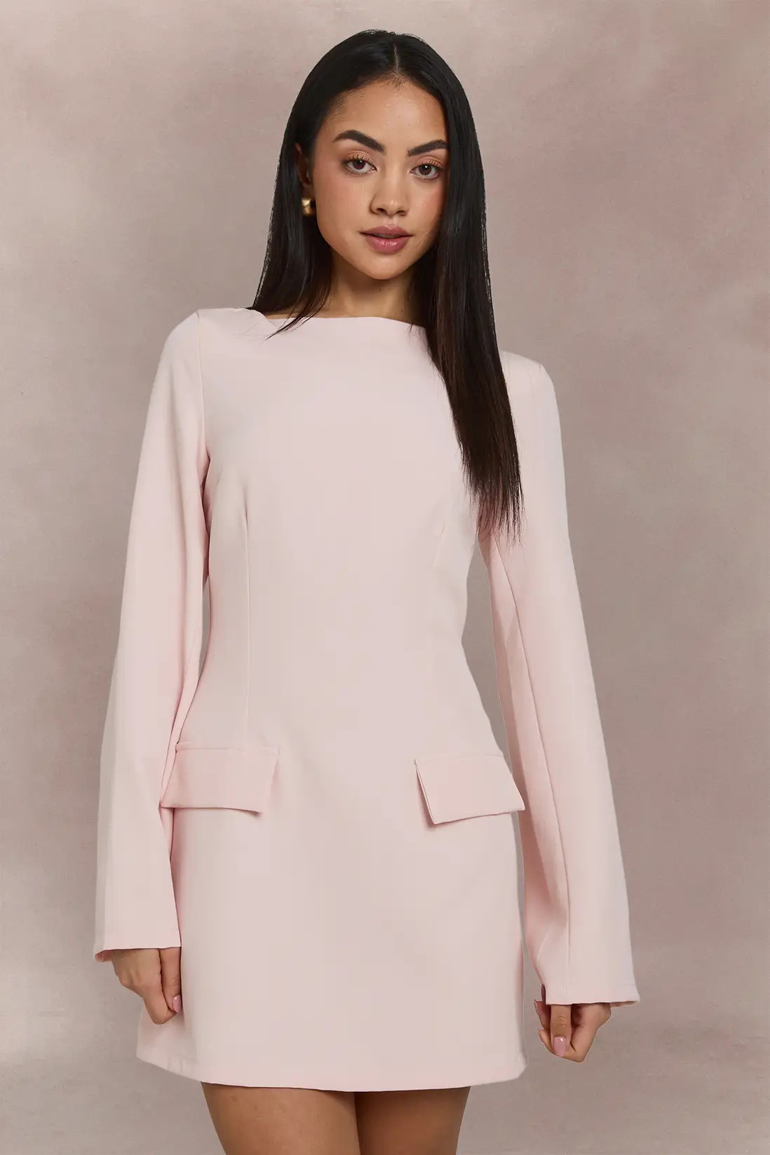 Pastel Pink Long Sleeve Slash Neck Tailored Mini Dress | Boohoo USA | boohoo (US & Canada)