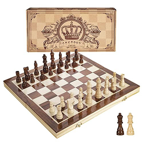 AMEROUS 15 Inches Magnetic Wooden Chess Set - 2 Extra Queens - Folding Board - Pieces Storage Slots, Handmade Portable Travel Chess Game - Beginner Chess Set for Kids, 6 up Age | Amazon (US)