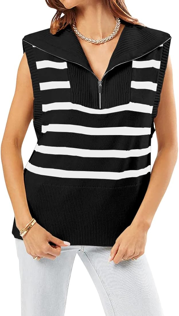 Womens Striped Zipper Sweater Vest Tank Tops Lapel Summer Sleeveless Pullover Casual Lightweight ... | Amazon (US)