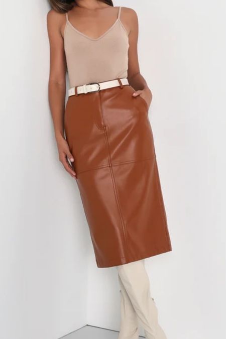 Brown faux leather midi skirt 

#LTKstyletip #LTKsalealert #LTKFind