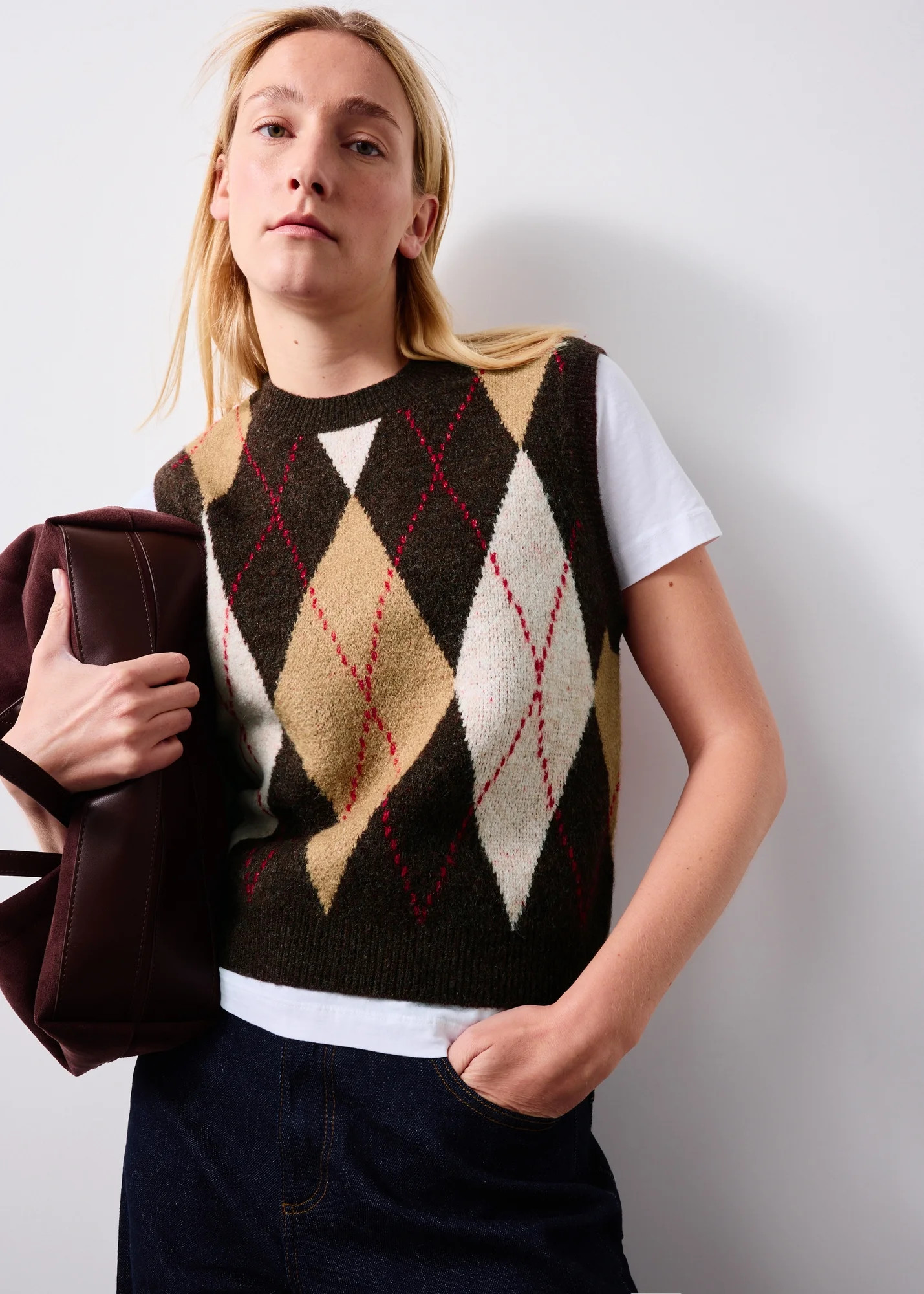 Neutral Brown Argyle Knitted Tank Top | Matalan (UK)