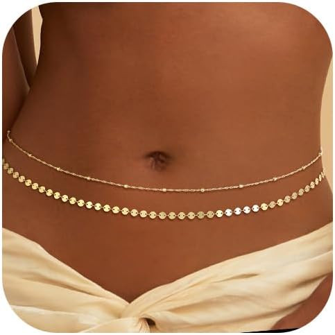 Waist Chain for Women, 14K Gold Plated Belly Belt Chain Layered | Amazon (US)