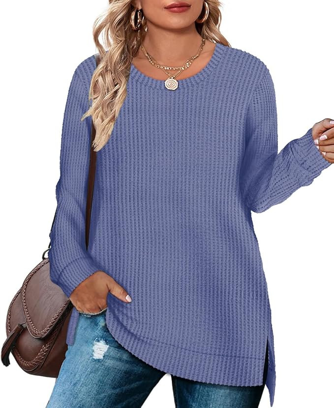 RITERA Plus Size Women Sweaters Waffle Knit Pullover Top Long Sleeve Casual Crewneck Shirt Loose ... | Amazon (US)