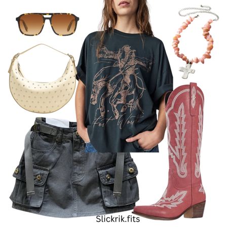 Cowgirl outfit. Band tee outfit. Cross necklace. Studded bag. Red cowgirl boots. Concert outfit.

#LTKParties #LTKShoeCrush #LTKSummerSales
