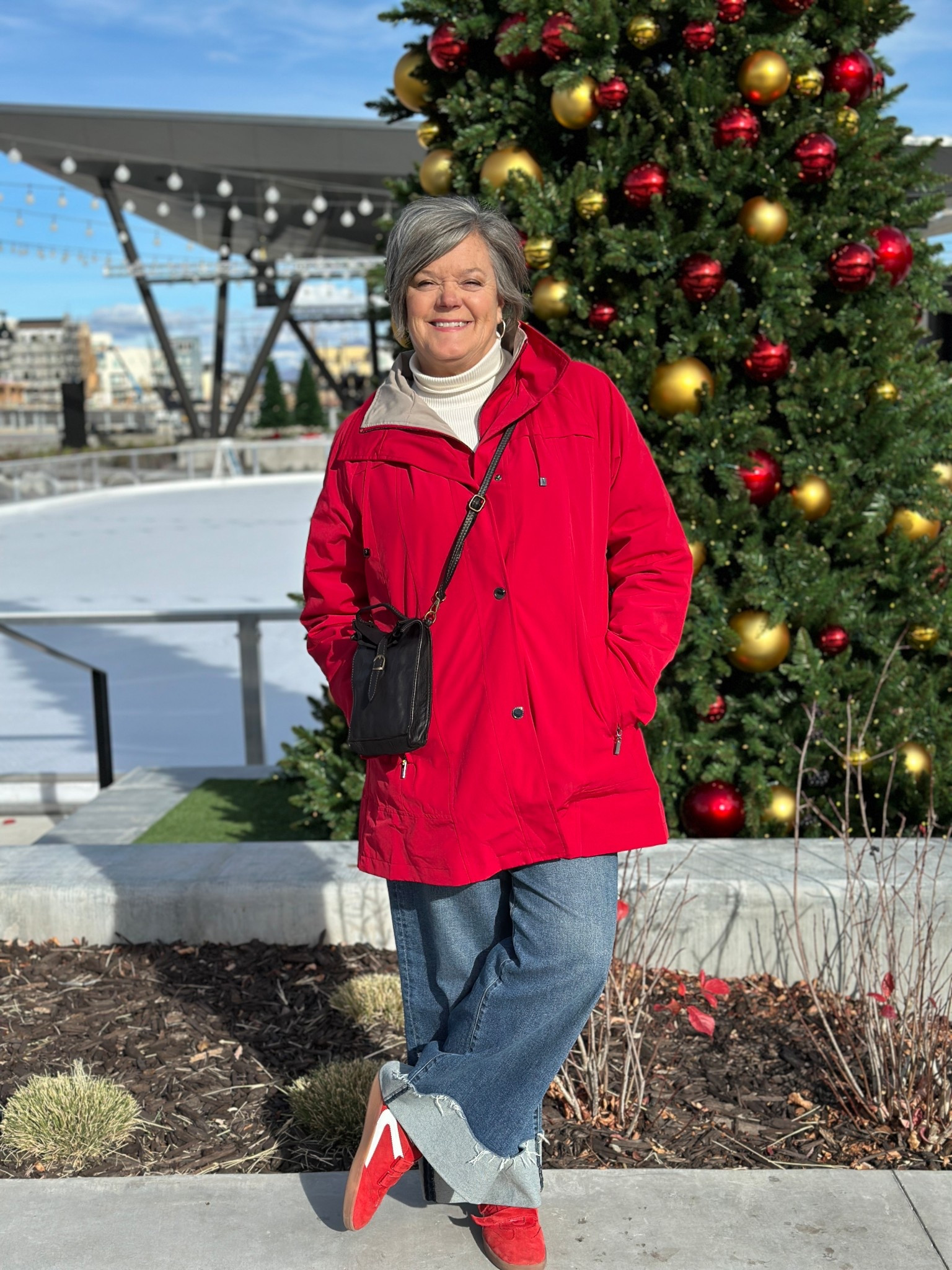 @coldwatercreek all season jacket is perfect for winter festivitie! Layer the jacket over Coldwater creek ribbed turtleneck. The darling leather black crossbody purse is a must! It keeps your hands free, holds a lot and works with all types of outfits! 
Pair the jacket with some fun wide leg cuffed denim jeans and add a pop of red suede with Sam Edelman sneakers! #winterootd #ootd #midsizefashiintips 

#LTKdayinmylife #LTKMidsize