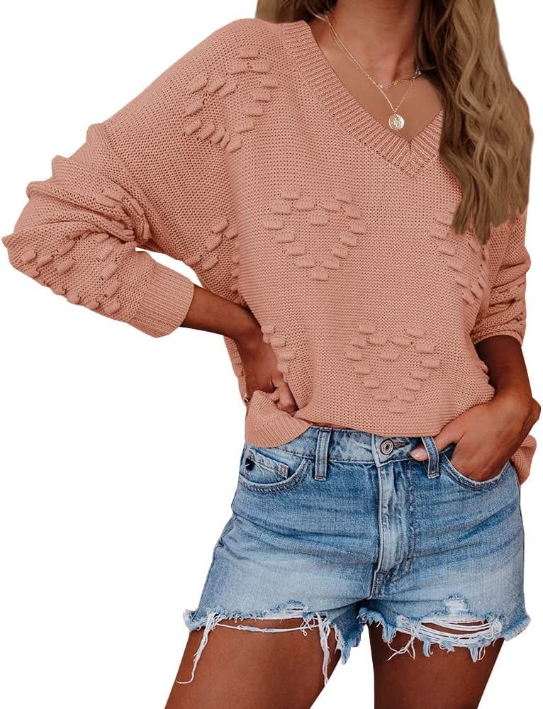 Tutorutor Womens Cute Heart Love Print Sweater Tops Oversized Crew Neck Dot Ball Loose Knitted Sprin | Amazon (US)