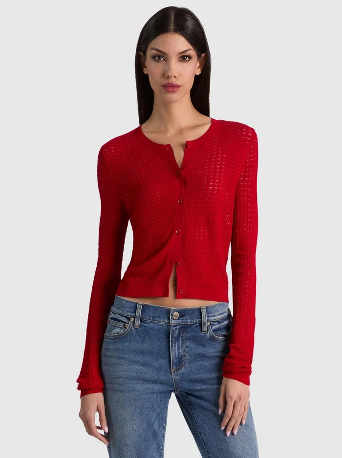 CARSON POINTELLE CARDIGAN - HIBISCUS | Alice + Olivia