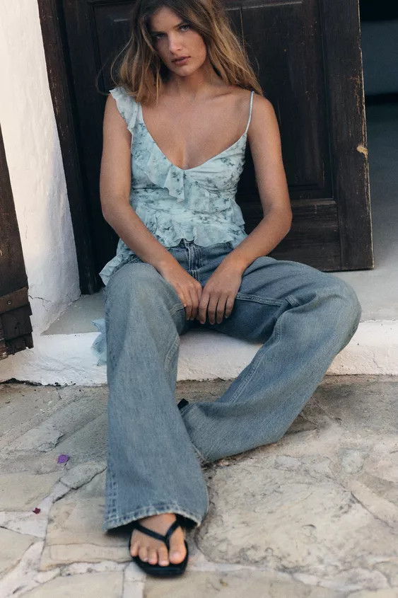 PRINTED TULLE RUFFLE TOP | Zara US