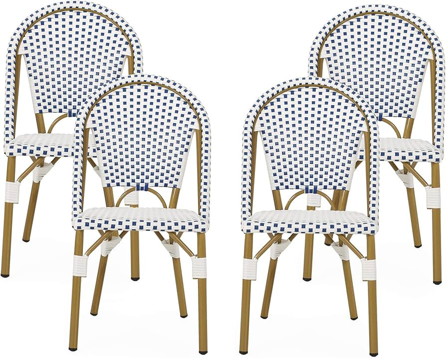 Christopher Knight Home Philomena Outdoor French Bistro Chair (Set of 4), Blue + White + Bamboo P... | Amazon (US)