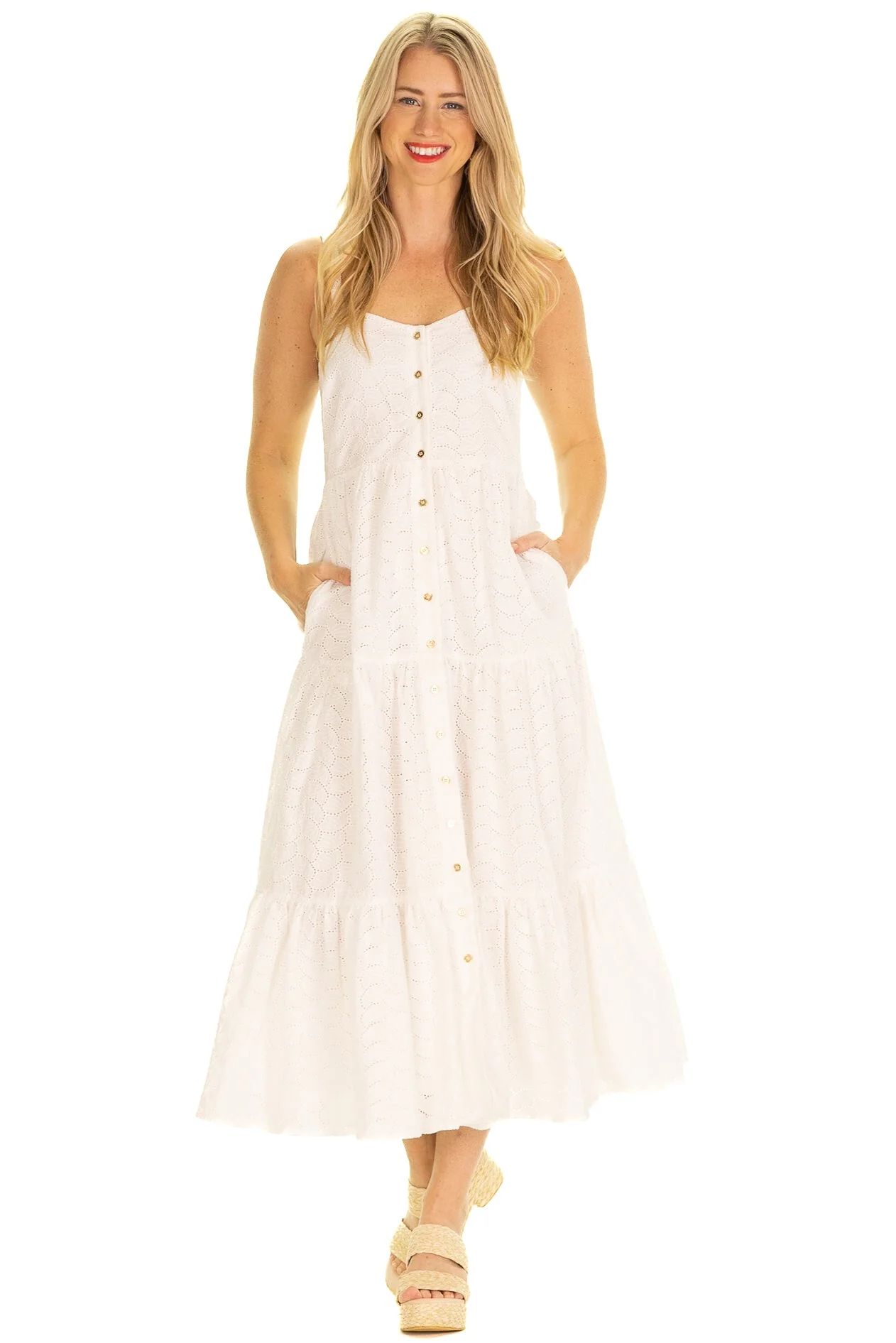 White Eyelet Tiered Dress with Adjustable Straps - Duffield Lane | Duffield Lane