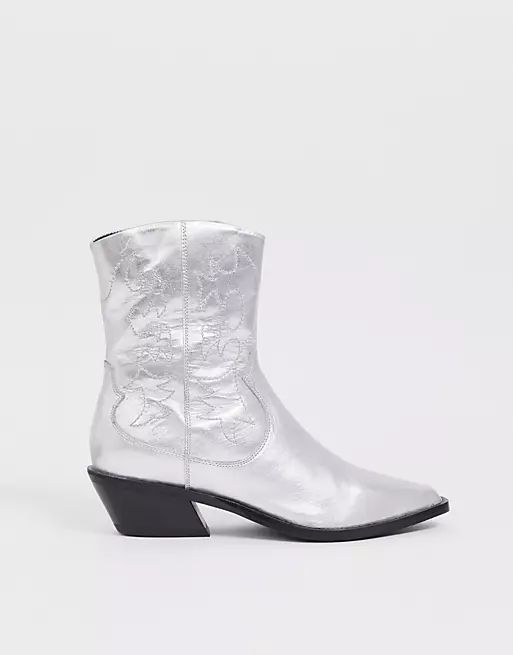 ASOS DESIGN Autumnal leather cowboy boots in silver | ASOS (Global)