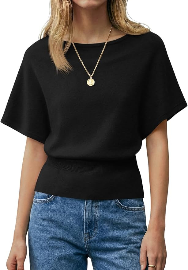 Saodimallsu Womens Boat Neck Summer Tops Batwing Dolman Short Sleeve Trendy Ribbed Knit Cinched W... | Amazon (US)