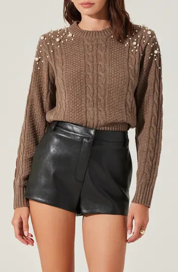 Imitation Pearl Detail Cable Sweater | Nordstrom