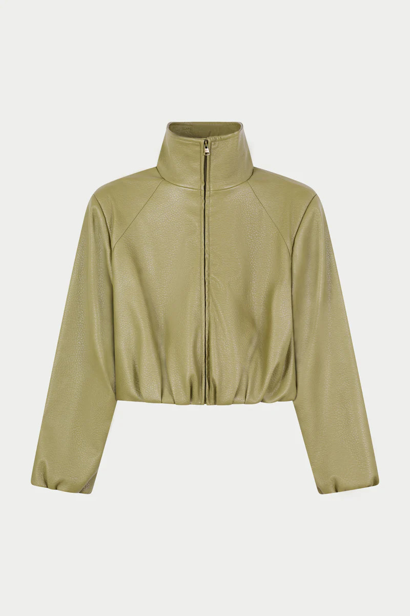 FUNNEL NECK BALLOON HEM FAUX LEATHER JACKET - OLIVE | The Couture Club