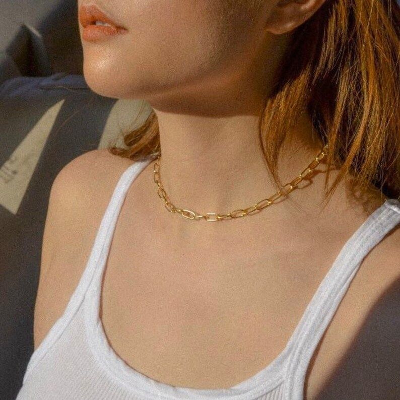 18K Gold Plated Paper Clip Bold Chain Linked Necklace Choker (Two Styles) Women Jewelry Minimalis... | Etsy (US)