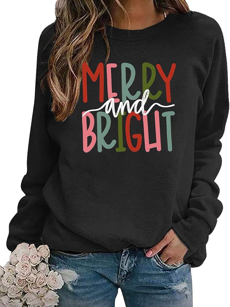 Christmas Sweatshirts for Women Merry and Bright Sweatshirt Merry Christmas Letter Print Shirt Ho... | Amazon (US)
