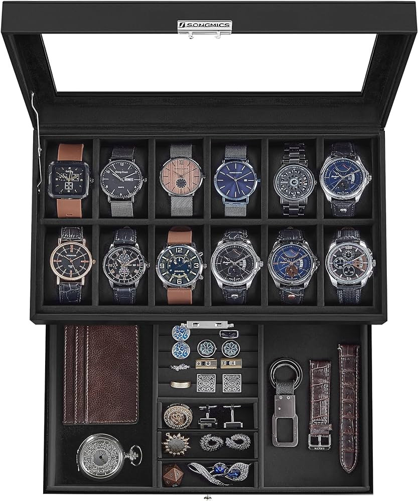 SONGMICS 12-Slot Watch Box, Lockable Watch Case with Glass Lid, 2 Layers, with 1 Drawer for Rings... | Amazon (US)