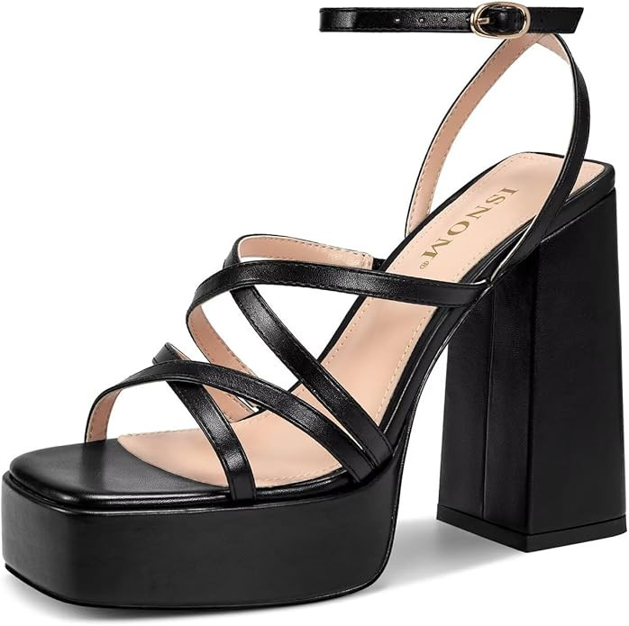 ISNOM Platform Chunky Heels for Women, Block Heel Sandals with Open Square Toe and Ankle Strap | Amazon (US)