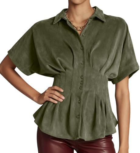 Women's Casual Faux Suede Shirt Short Sleeves Blouse Button Down Peplum Tops | Amazon (US)