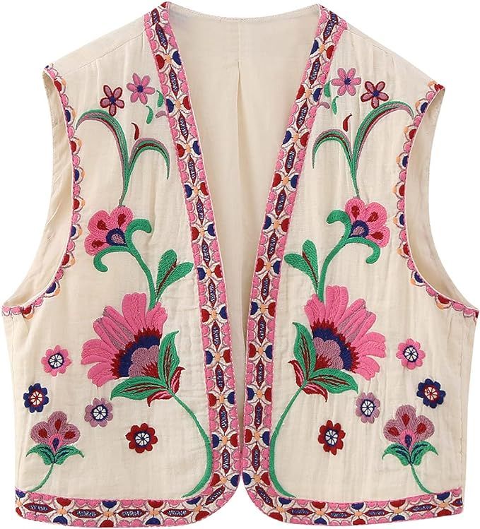 Floral Vest Women Embroidered Top Linen Vest Coastal Cowgirl Clothes Y2K Vintage Open Front Boho ... | Amazon (US)