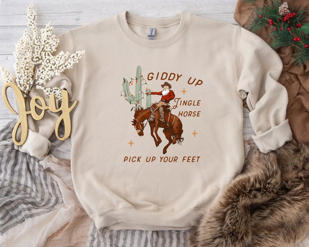 Cowboy Christmas Sweater Giddy up Jingle Horse Pick up Your - Etsy | Etsy (US)